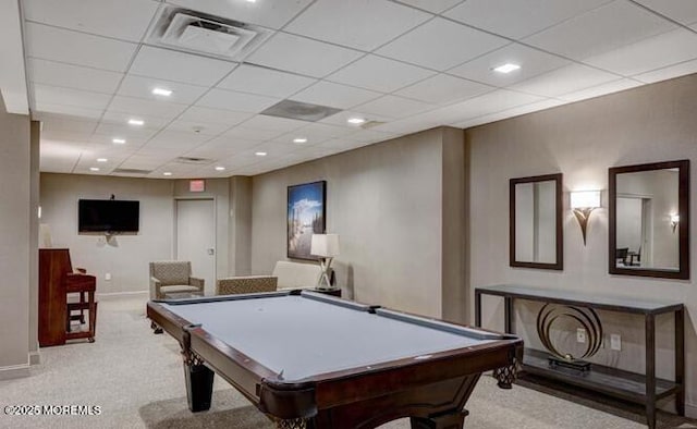 rec room with light colored carpet and billiards