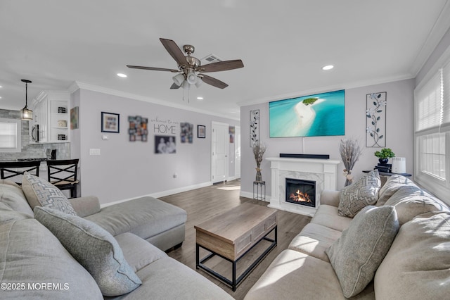 living room with ceiling fan, wood-type flooring, ornamental molding, and a premium fireplace