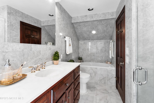 bathroom with tiled bath, vanity, tile walls, marble finish floor, and a shower with door