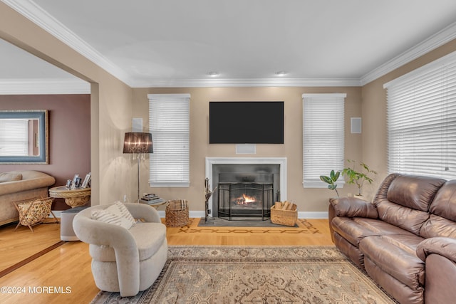 living room featuring ornamental molding and wood-type flooring