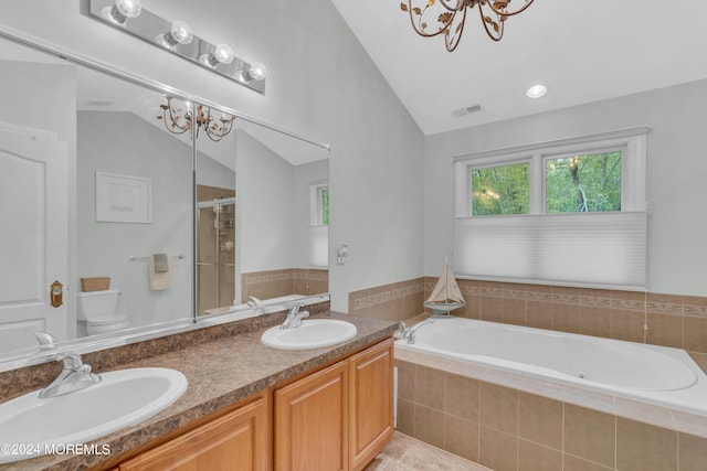 full bathroom with lofted ceiling, toilet, vanity, a notable chandelier, and plus walk in shower