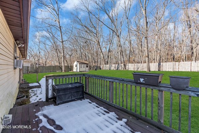 deck with a lawn and a storage unit