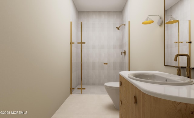 bathroom featuring a tile shower, tile patterned flooring, vanity, and toilet