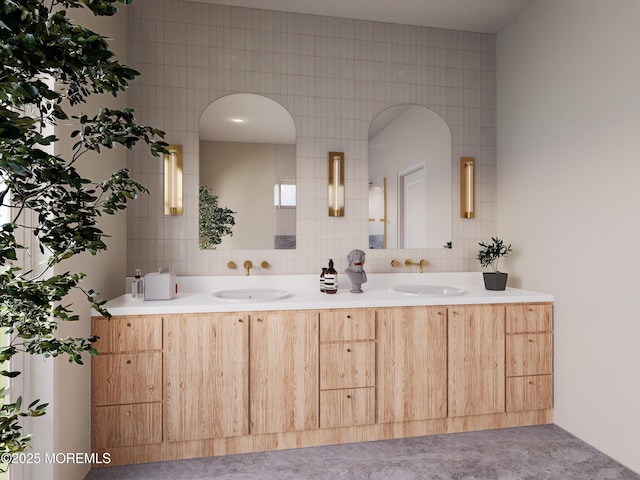 bathroom with decorative backsplash, vanity, tile patterned flooring, and tile walls