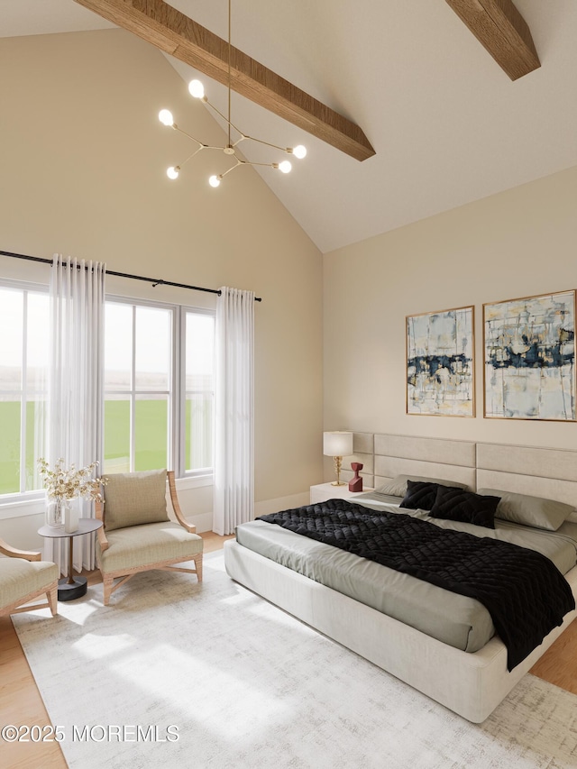 bedroom with beamed ceiling, hardwood / wood-style flooring, and high vaulted ceiling