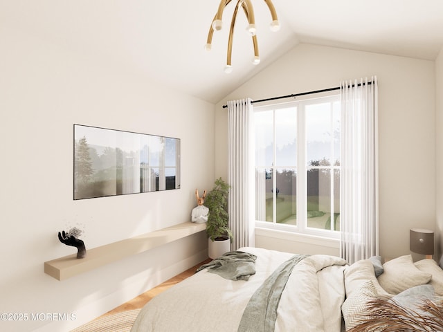 bedroom featuring lofted ceiling and light wood-type flooring