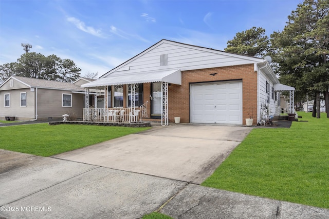 view of front of property featuring a garage, a front lawn, and a porch