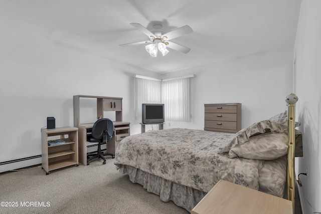 bedroom featuring ceiling fan, a baseboard heating unit, and light carpet