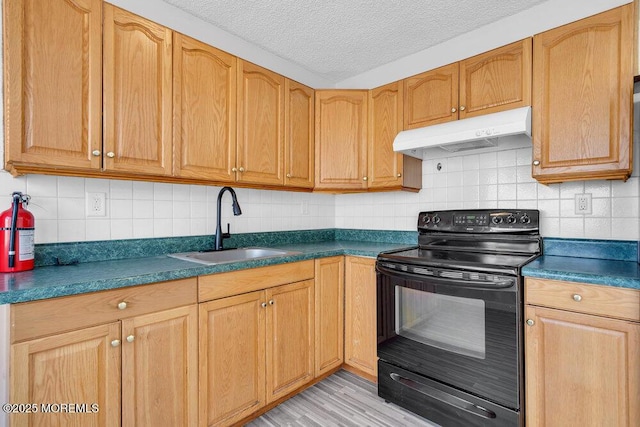 kitchen featuring electric range, light hardwood / wood-style floors, sink, a textured ceiling, and tasteful backsplash