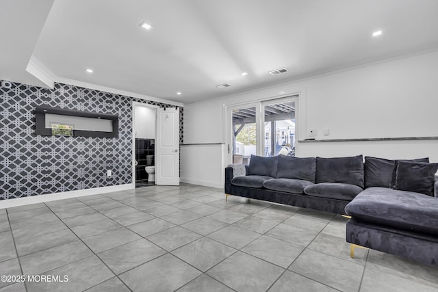 tiled living room with crown molding