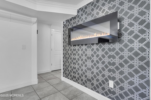 hallway with crown molding and light tile patterned flooring