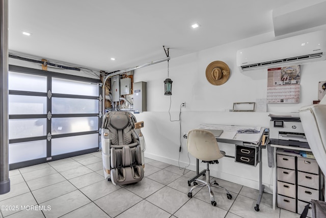 garage with a wall mounted AC and electric panel