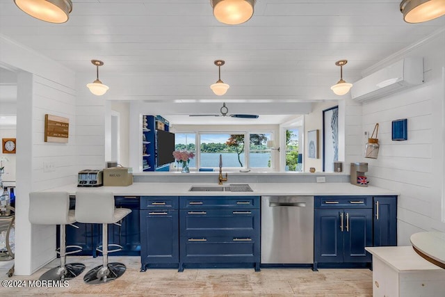 kitchen featuring decorative light fixtures, dishwasher, wooden ceiling, and sink