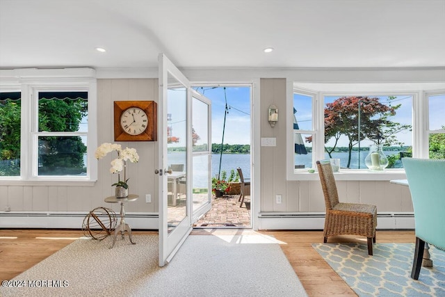 doorway featuring a healthy amount of sunlight, light hardwood / wood-style floors, a water view, and a baseboard heating unit