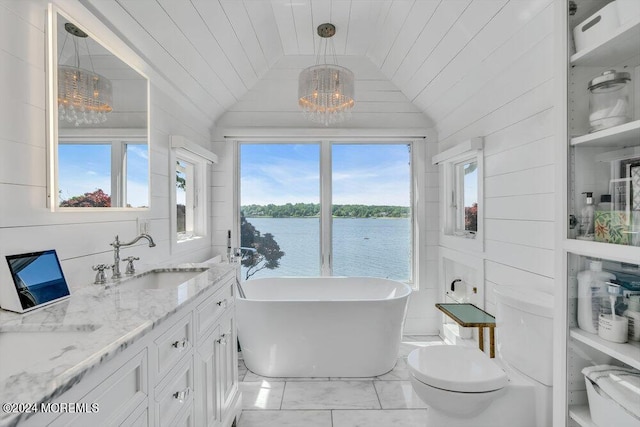 bathroom featuring vaulted ceiling, wooden walls, wood ceiling, a tub to relax in, and a water view