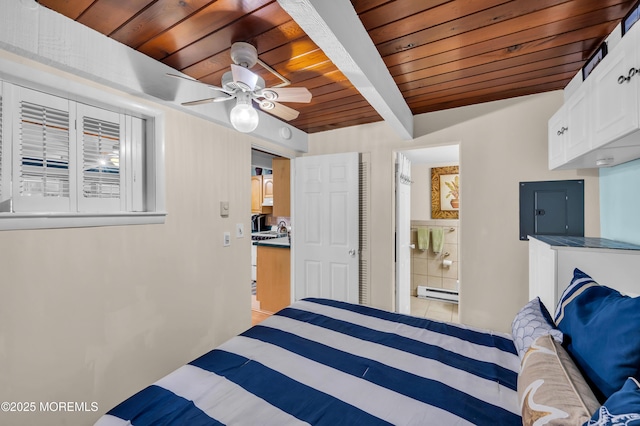 bedroom with ceiling fan, a baseboard radiator, ensuite bath, wood ceiling, and beam ceiling