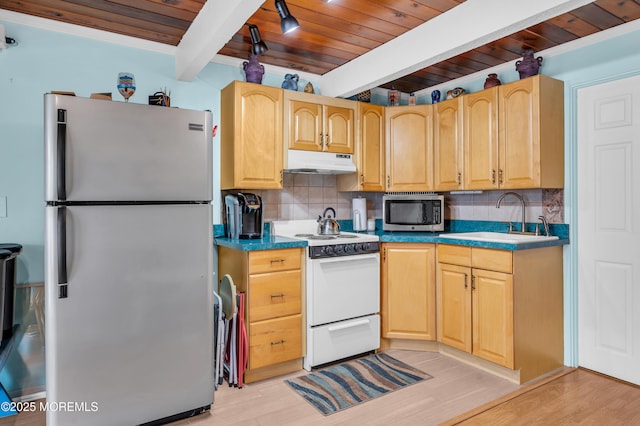 kitchen with light hardwood / wood-style flooring, stainless steel appliances, backsplash, and sink