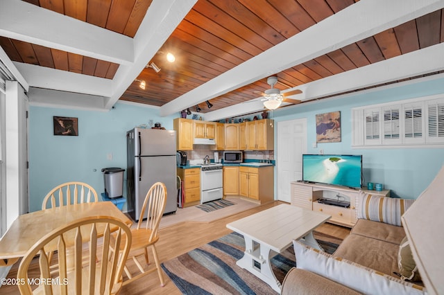 living room featuring ceiling fan, light hardwood / wood-style floors, wood ceiling, and beam ceiling