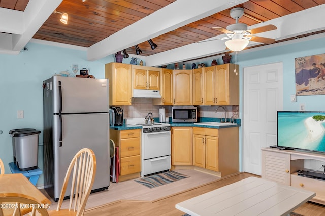 kitchen featuring sink, wooden ceiling, beamed ceiling, tasteful backsplash, and appliances with stainless steel finishes