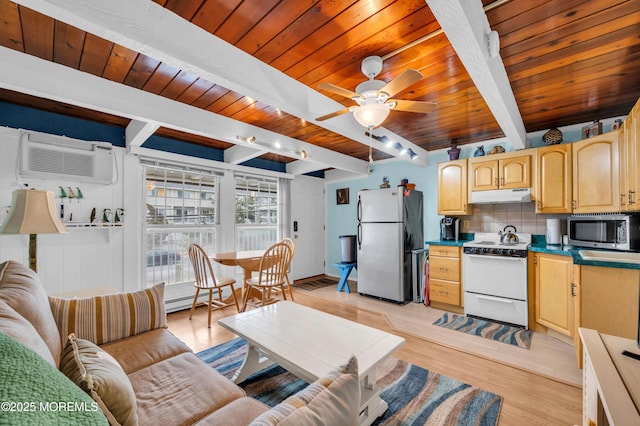 living room featuring a baseboard radiator, beamed ceiling, light wood-type flooring, ceiling fan, and wooden ceiling