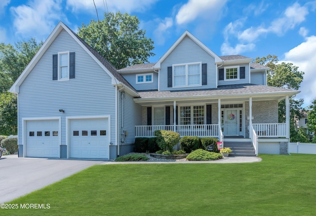 view of front facade with a front lawn, covered porch, and a garage