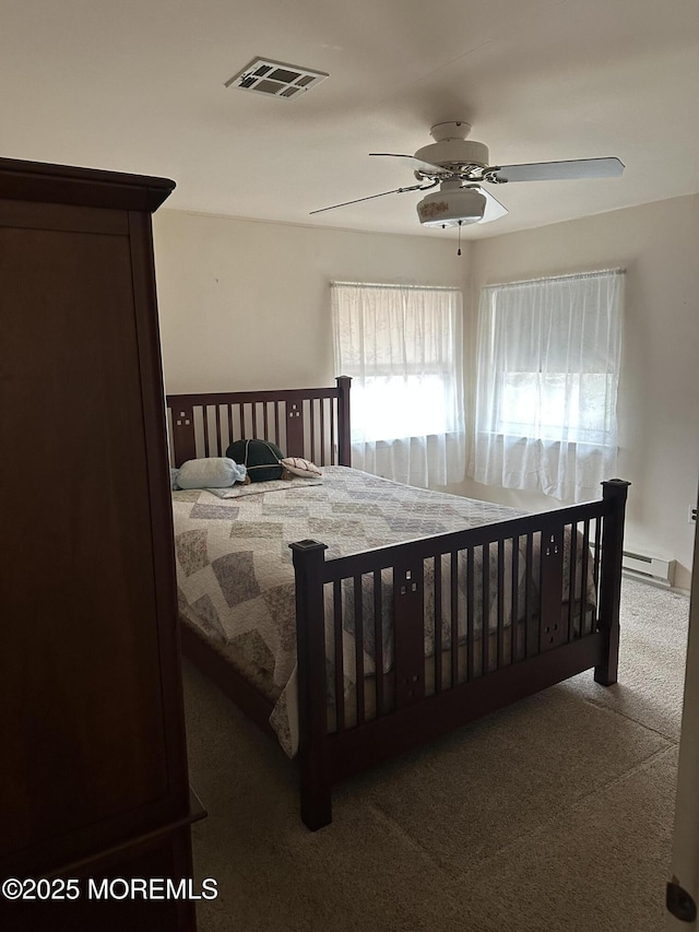 bedroom featuring dark carpet, a baseboard radiator, and ceiling fan