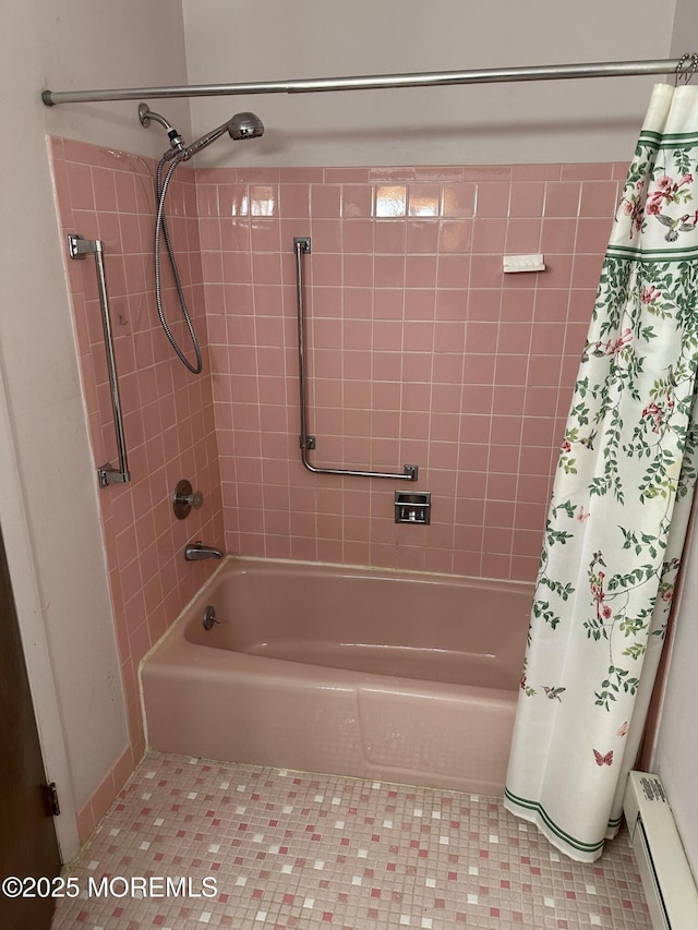 bathroom featuring shower / bath combination with curtain, a baseboard radiator, and tile patterned floors