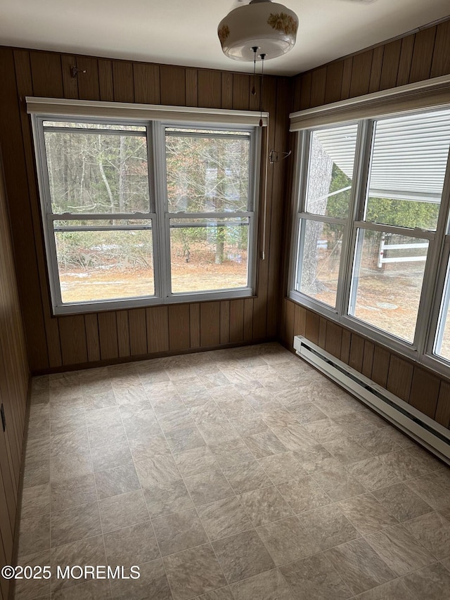 interior space featuring baseboard heating and wooden walls