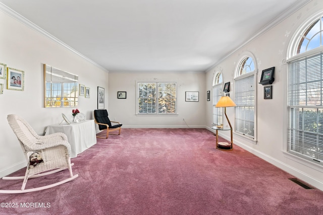 living area with carpet floors and crown molding