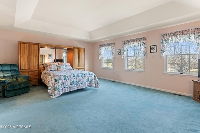 carpeted bedroom with a tray ceiling