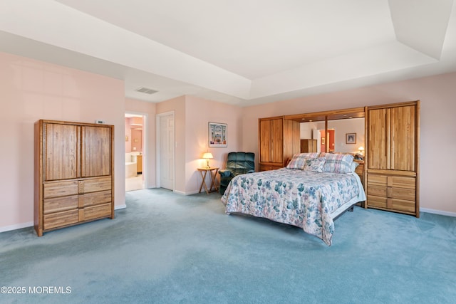 carpeted bedroom featuring a raised ceiling