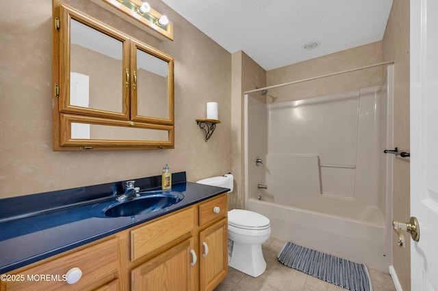 full bathroom featuring toilet, a textured ceiling, tile patterned flooring, vanity, and  shower combination