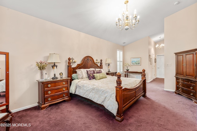 bedroom featuring lofted ceiling, dark carpet, and a notable chandelier