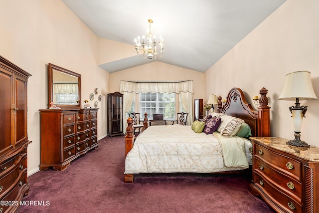 carpeted bedroom featuring a notable chandelier and vaulted ceiling