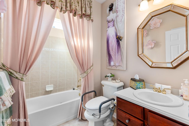 full bathroom featuring toilet, shower / tub combo, and vanity