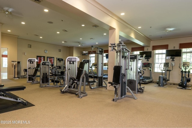 workout area featuring ceiling fan, light carpet, and ornamental molding