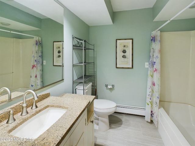 full bathroom with baseboard heating, vanity, shower / bathtub combination with curtain, and toilet