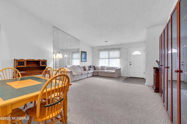 carpeted dining area with a textured ceiling