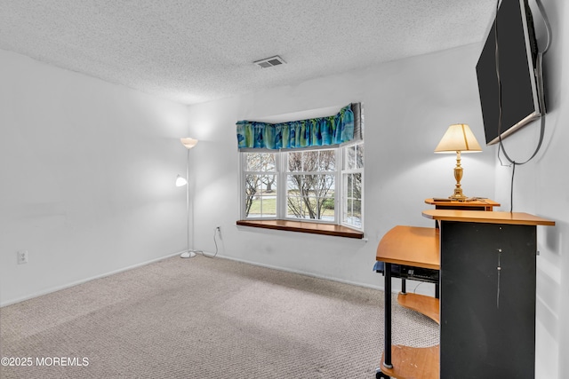 interior space featuring a textured ceiling and carpet floors