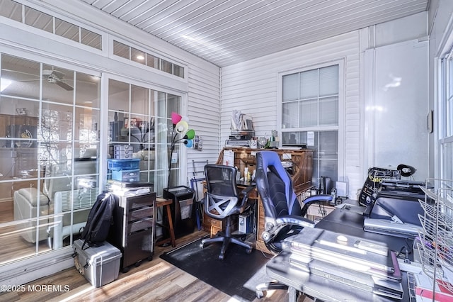 office space featuring ceiling fan and hardwood / wood-style floors