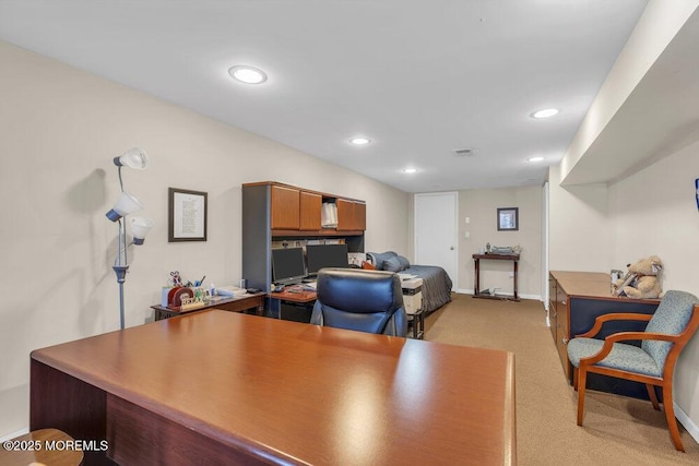 home office featuring light colored carpet