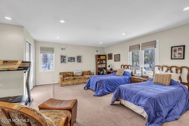 bedroom with multiple windows and light carpet