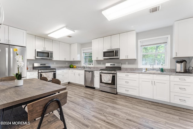 kitchen with sink, white cabinets, stainless steel appliances, and light hardwood / wood-style flooring