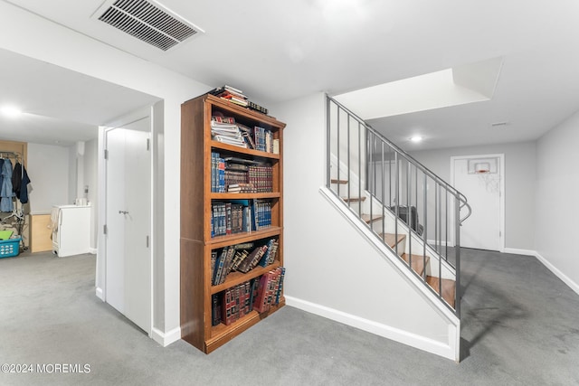 staircase featuring carpet