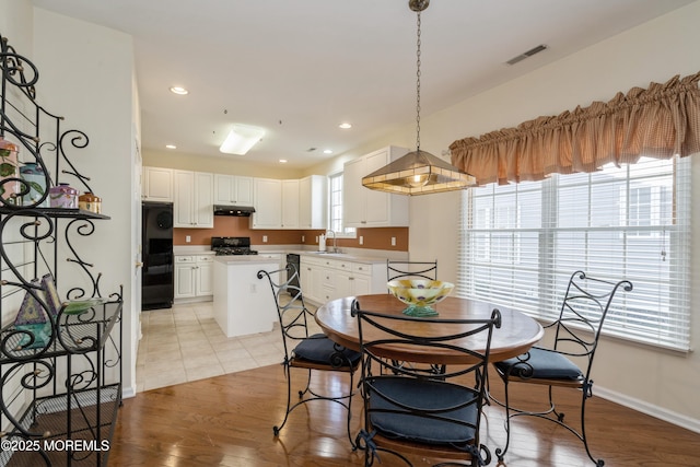 dining area featuring sink, a wealth of natural light, and light hardwood / wood-style flooring