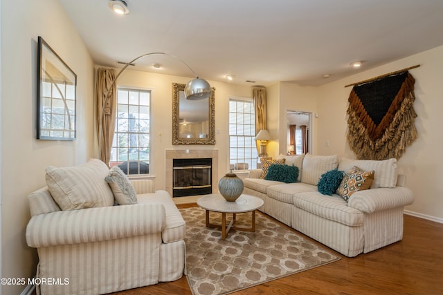 living room featuring a tiled fireplace and hardwood / wood-style flooring