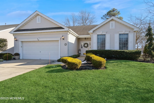 single story home featuring a garage and a front lawn