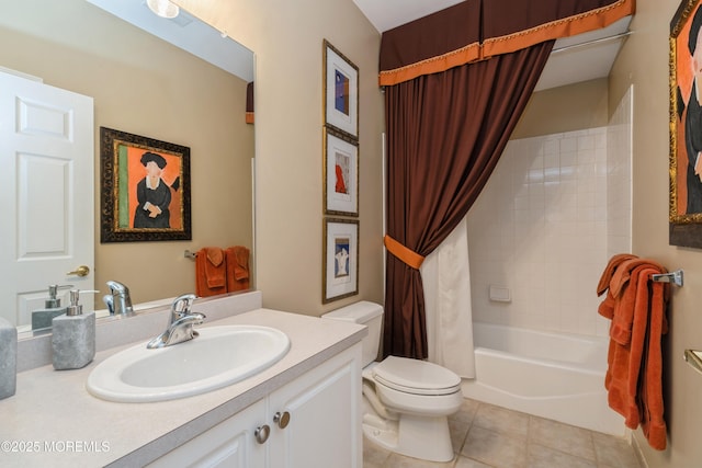 full bathroom with toilet, shower / bath combination with curtain, tile patterned floors, and vanity