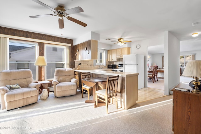 carpeted living room with ceiling fan, a baseboard heating unit, and sink