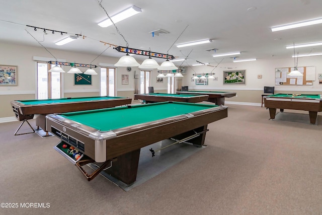 rec room with carpet floors and billiards